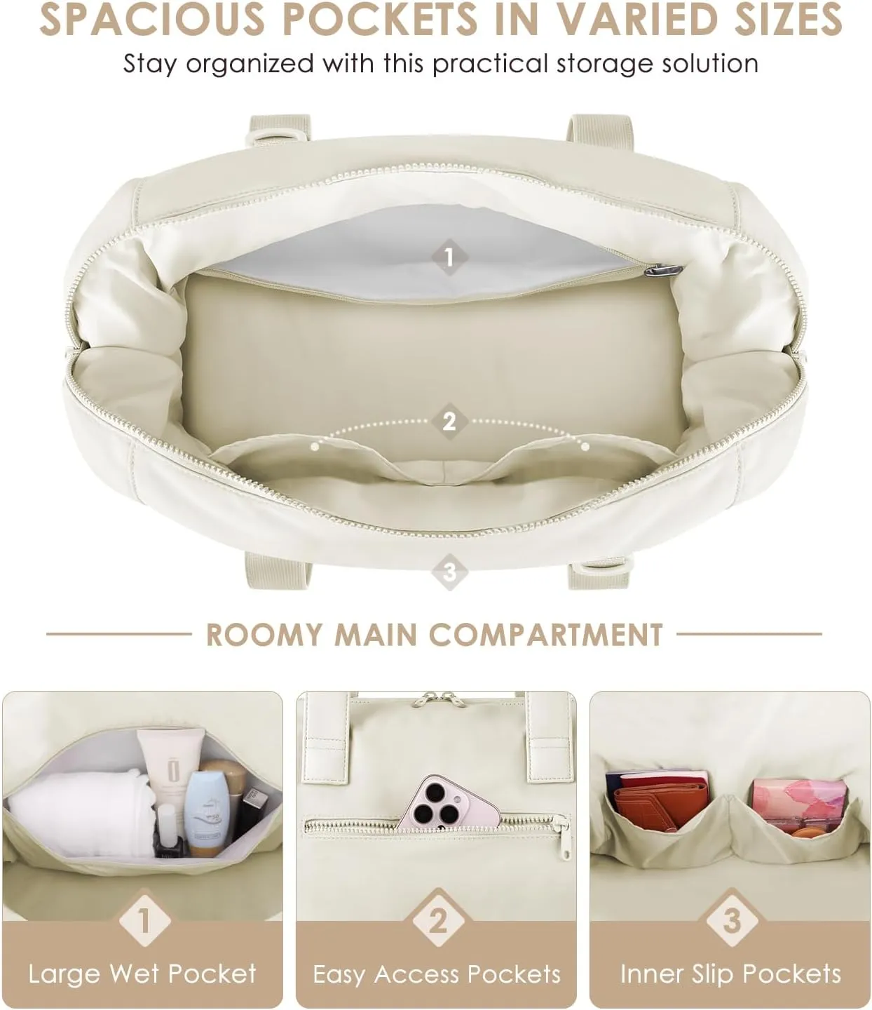 ETRONIK Weekender Bags for Women Travel, Personal Item Travel Bag with Shoe Compartment, Carry On Overnight Bag with Wet Pocket, Gym Duffel Bag for Travel, Sports, Weekend, Hospital Beige