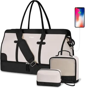 ETRONIK Weekender Overnight Bag for Women, Large Travel Duffle Bag with Shoe Compartment & Wet Pocket, Carry On Tote Bag Gym Duffel Bag with Toiletry Bag, 3 Pcs Set, XL Size, Beige&Black