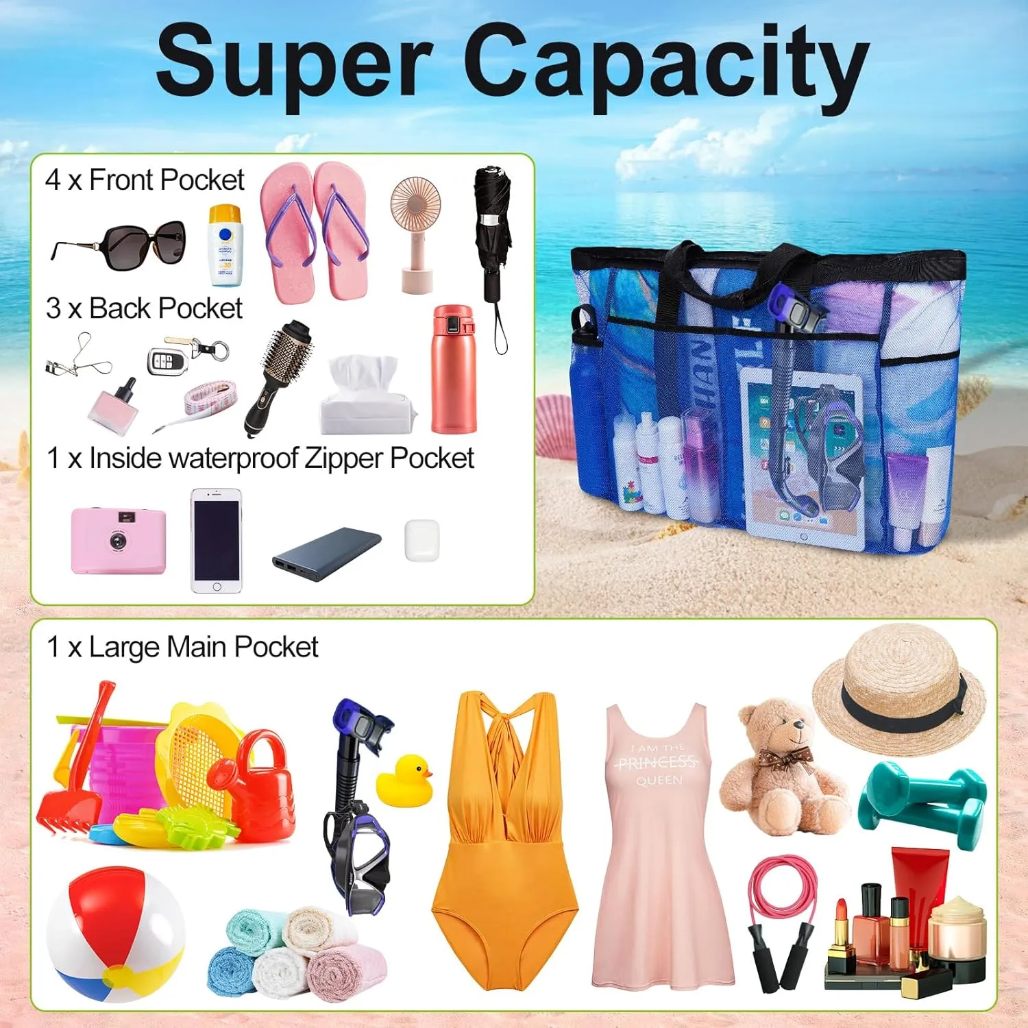 Extra Large Mesh Beach Bag, Tote Bag for Beach with Zipper