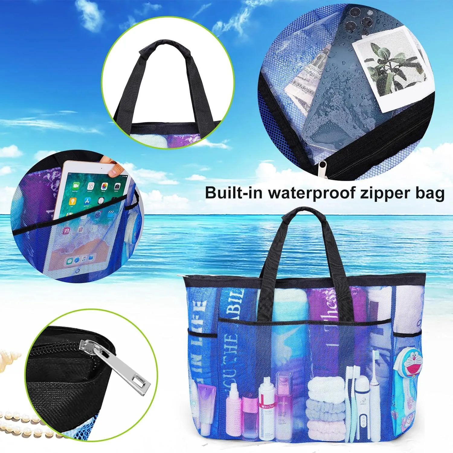 Extra Large Mesh Beach Bag, Tote Bag for Beach with Zipper