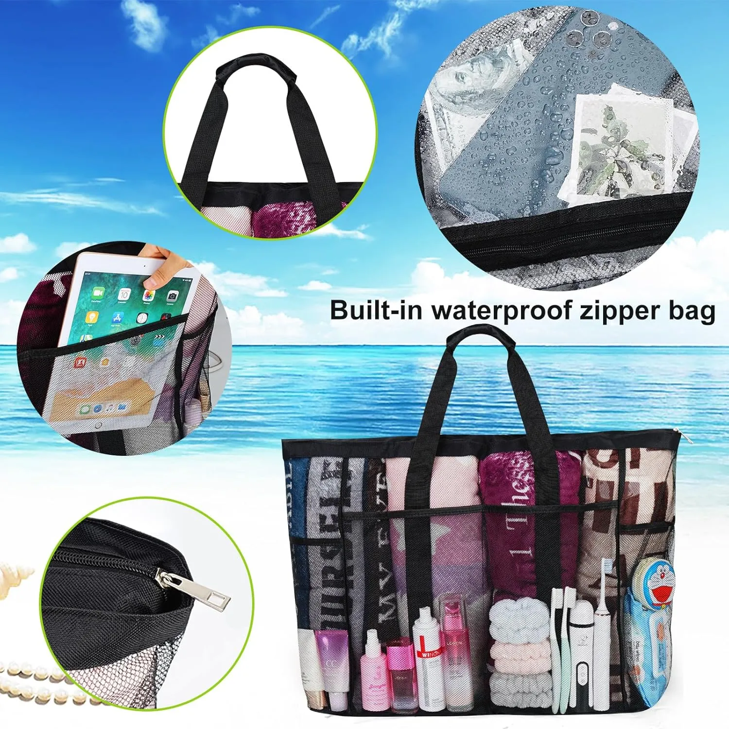 Extra Large Mesh Beach Bag, Tote Bag for Beach with Zipper