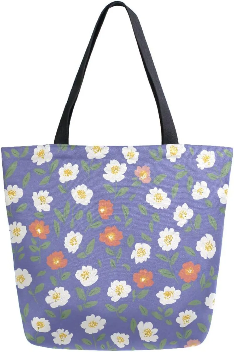 Extra Large Shoulder Tote Bag for Beach Travel Weekender Gym Floral Flower Pattern Purple Reusable Grocery Canvas Shopping Bag