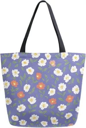 Extra Large Shoulder Tote Bag for Beach Travel Weekender Gym Floral Flower Pattern Purple Reusable Grocery Canvas Shopping Bag