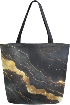 Extra Large Shoulder Tote Bag for Beach Travel Weekender Gym Ombre Black Gold Marble Pattern Reusable Grocery Canvas Shopping Bag