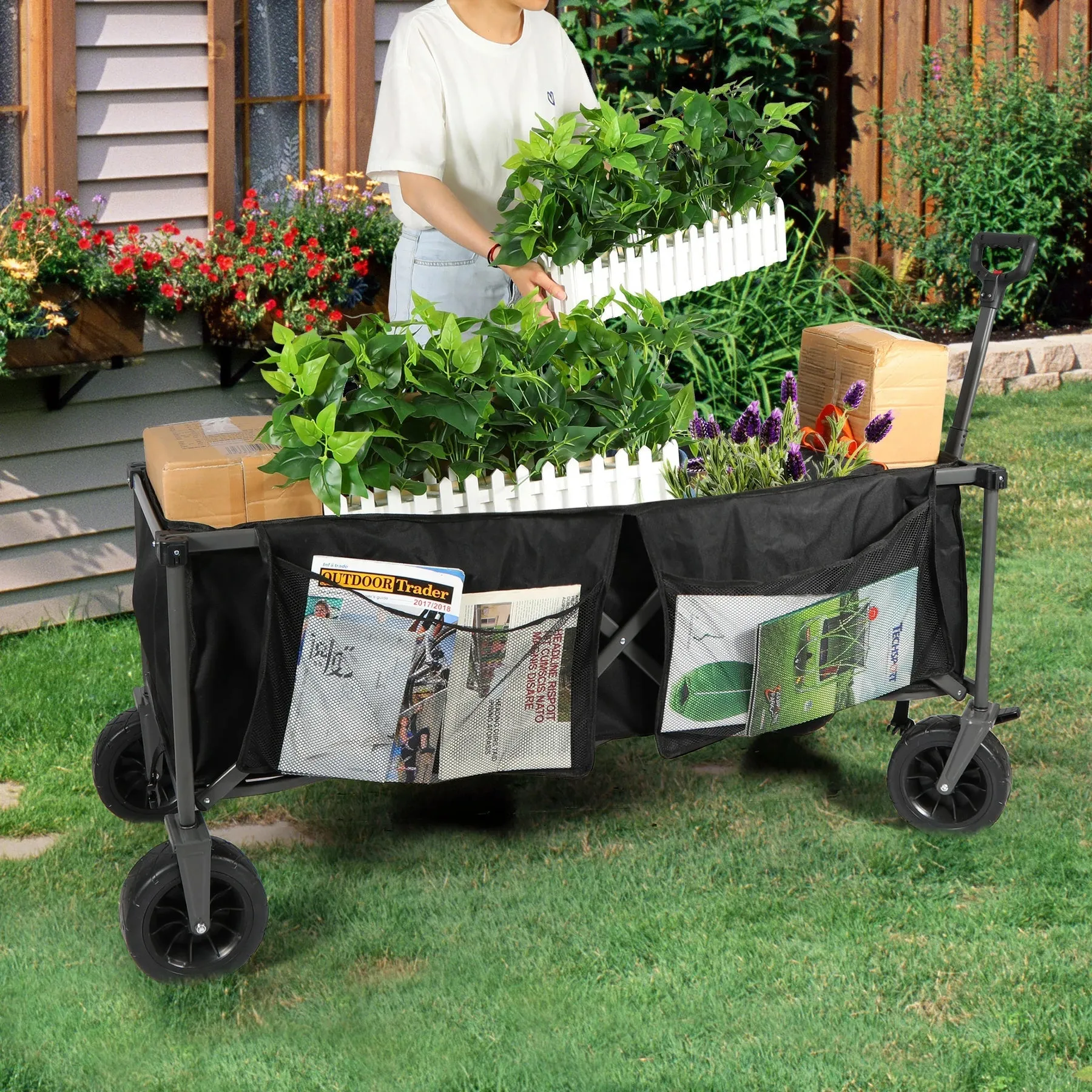 Extra Long Extended Folding Wagon with Side Pocket and Brakes From Redcamp