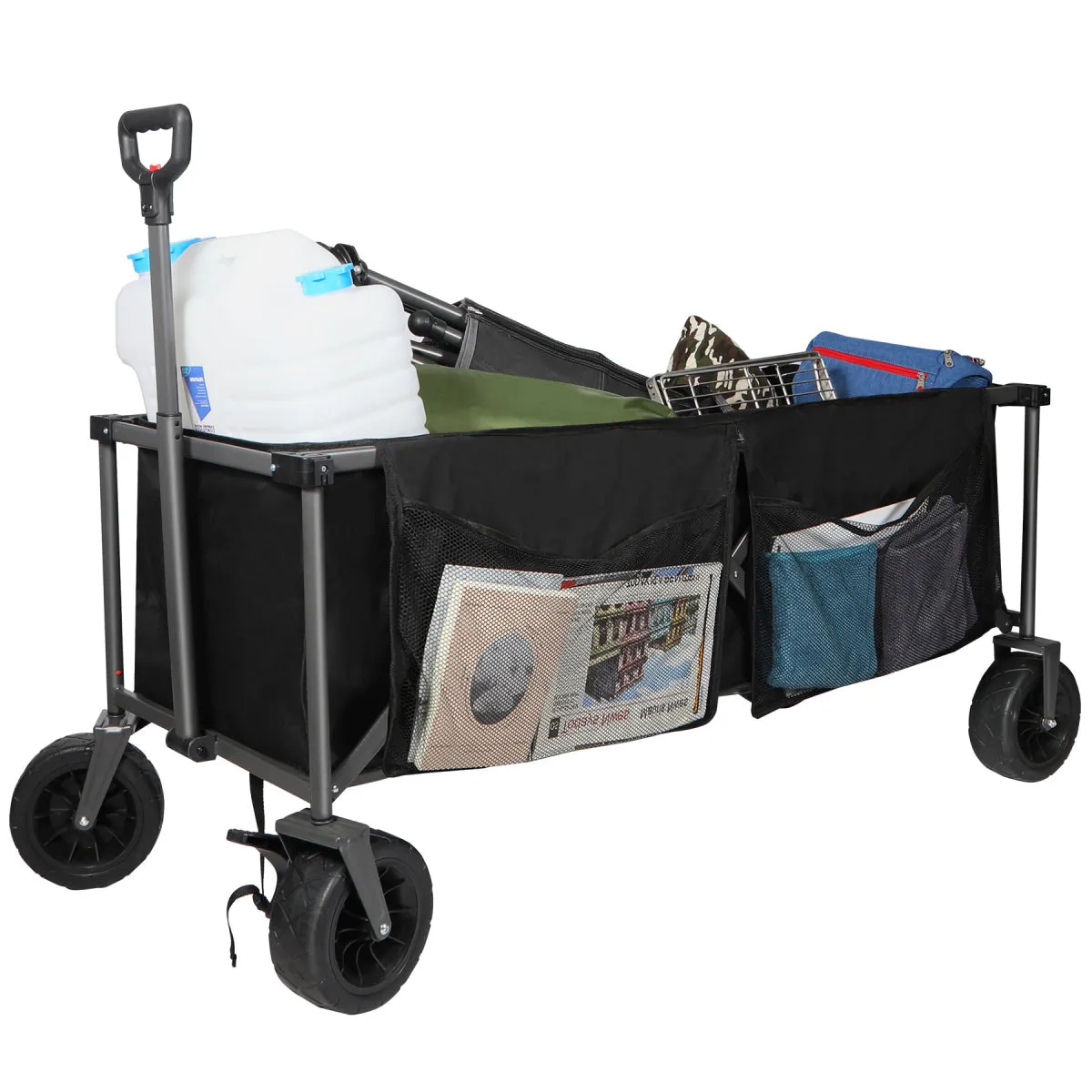 Extra Long Extended Folding Wagon with Side Pocket and Brakes From Redcamp