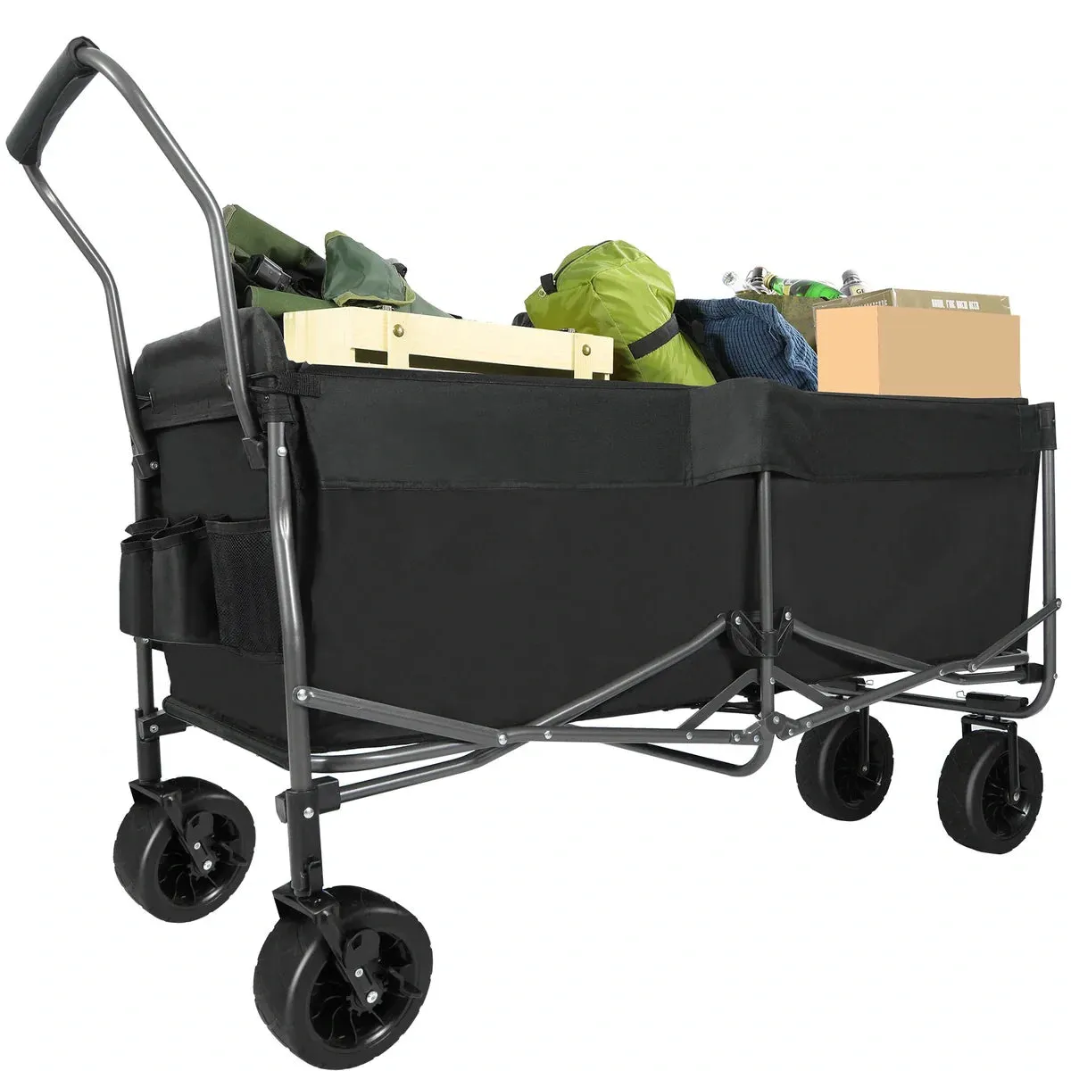 Extra Long Extended Folding Wagon with Side Pocket and Brakes From Redcamp
