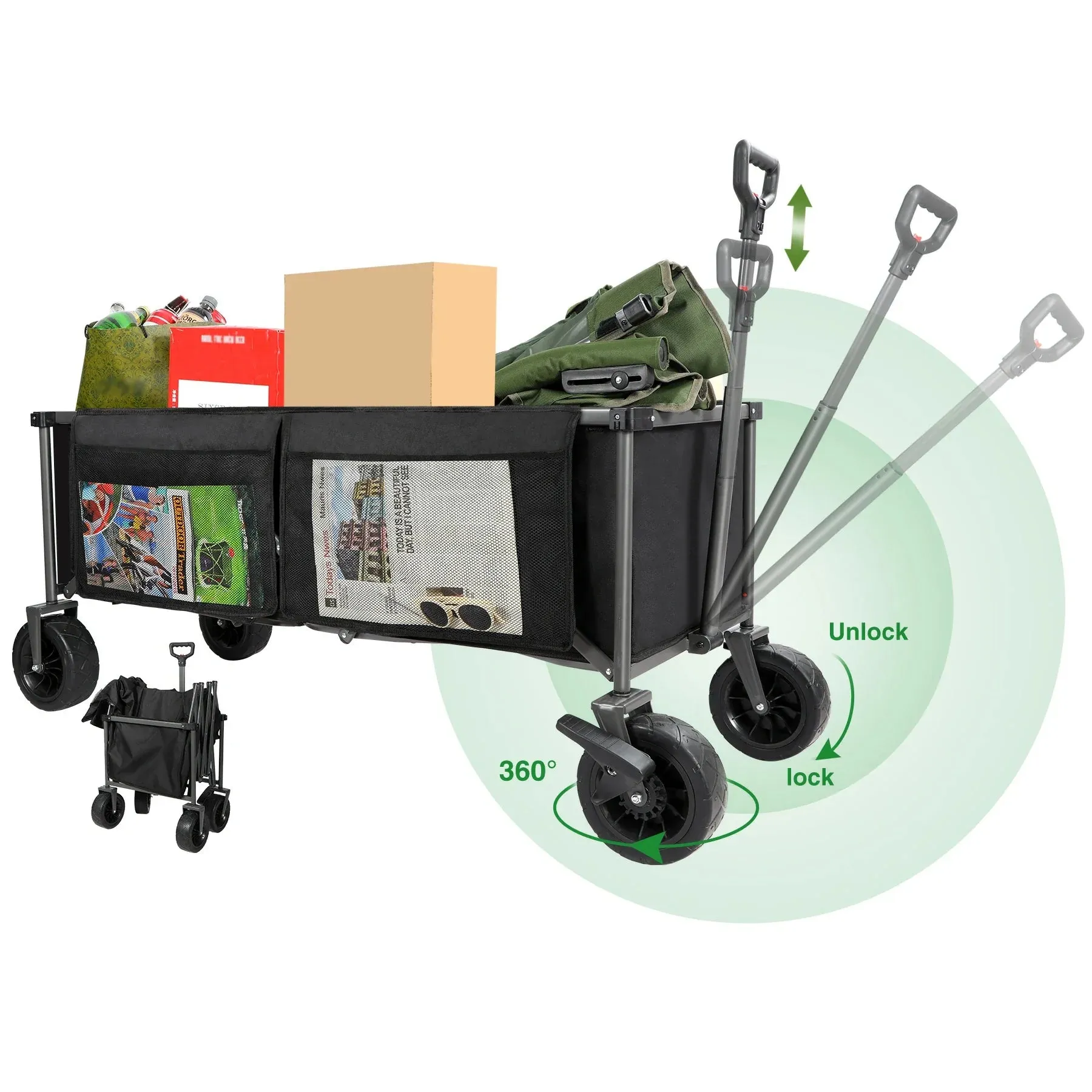 Extra Long Extended Folding Wagon with Side Pocket and Brakes From Redcamp
