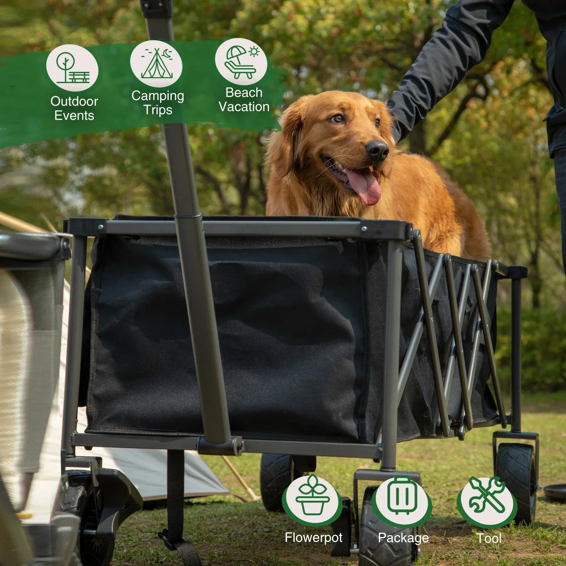 Extra Long Extended Folding Wagon with Side Pocket and Brakes From Redcamp