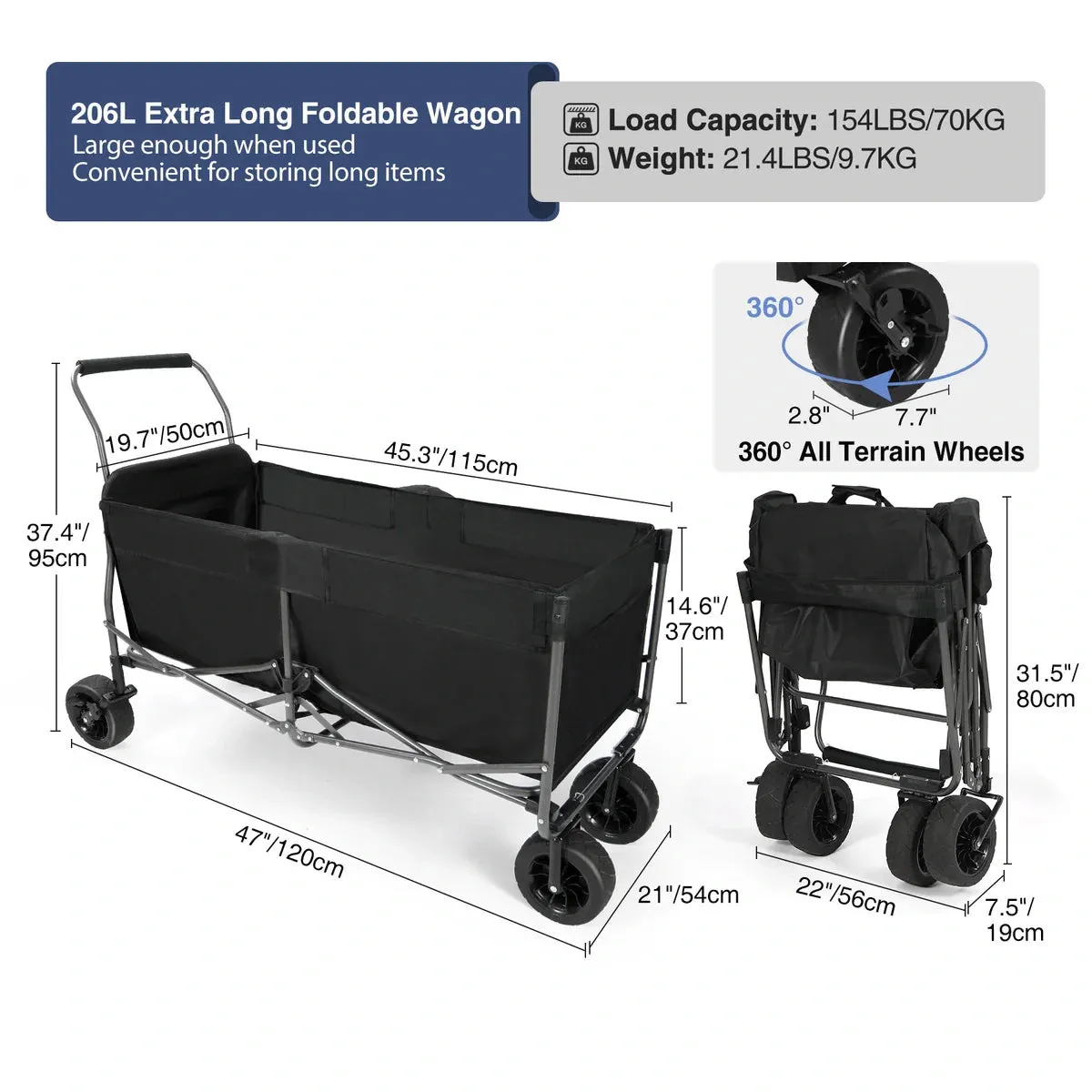 Extra Long Extended Folding Wagon with Side Pocket and Brakes From Redcamp