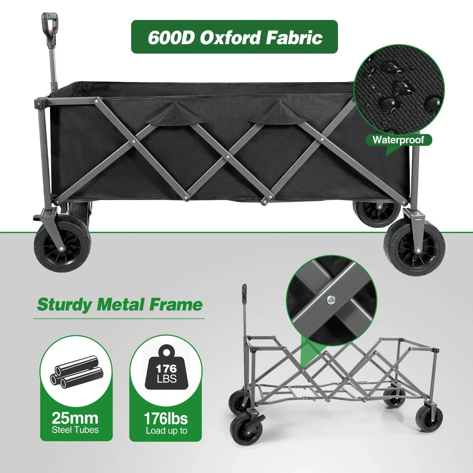 Extra Long Extended Folding Wagon with Side Pocket and Brakes From Redcamp