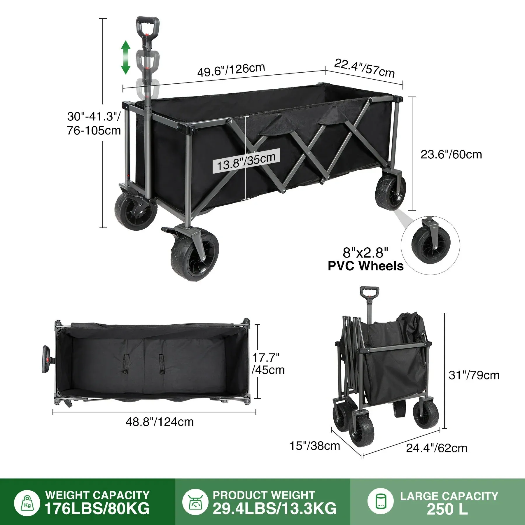 Extra Long Extended Folding Wagon with Side Pocket and Brakes From Redcamp