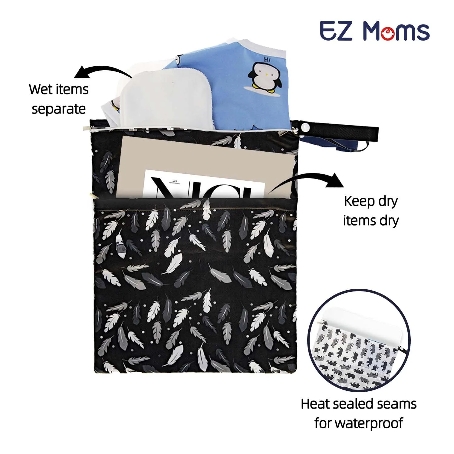 EZ Moms 3 Pcs Reusable Waterproof Wet Bag With Two Pockets For Diaper Pouch, Breast Pump Parts, Swimsuit - Waterproof Bags For Swimming, Baby
