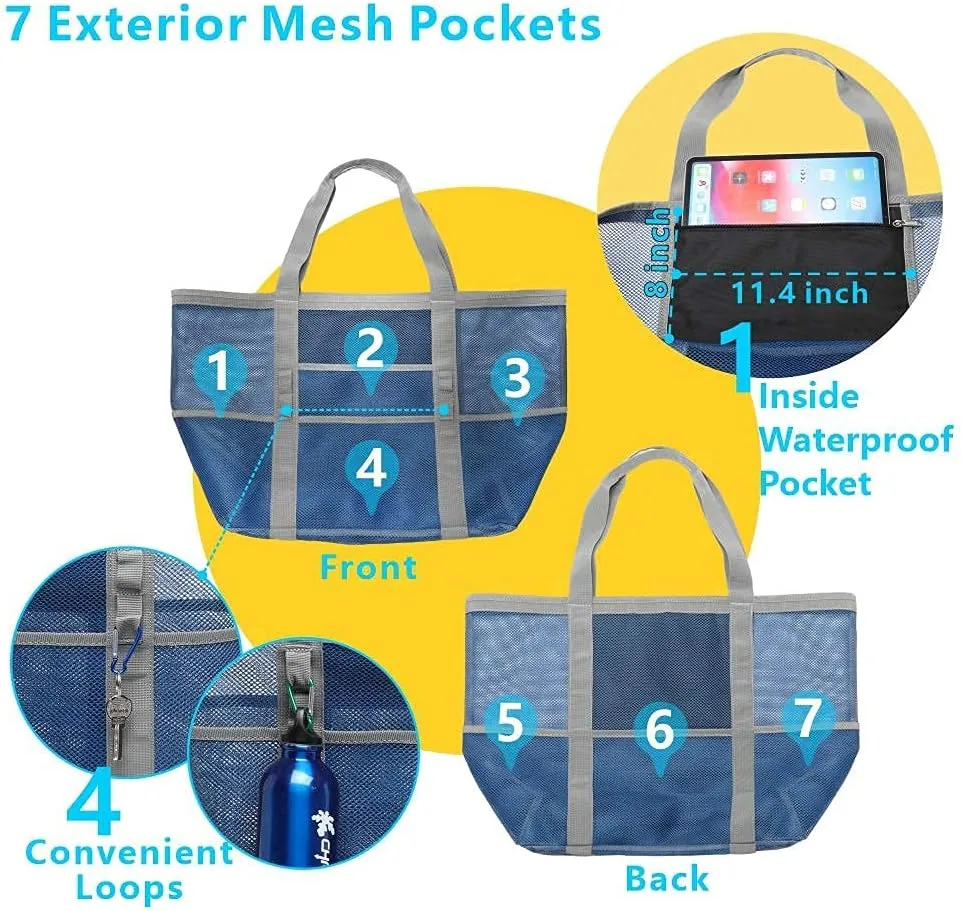 F-color Mesh Beach Bag Family - Beach Tote 9 Pockets Cruise Vacation Essentials
