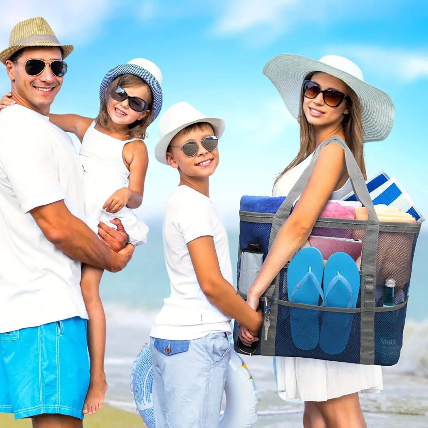 F-color Mesh Beach Bag Family - Beach Tote 9 Pockets Cruise Vacation Essentials