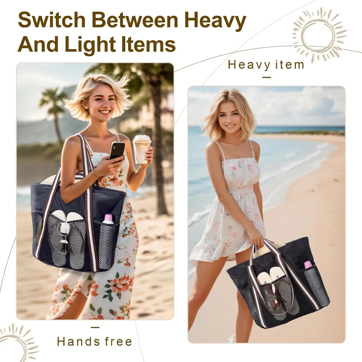 F-color Waterproof Beach Bags for Women - Machine Washable Travel Tote Bag with Zipper Cruise Swim Vacation Essentials