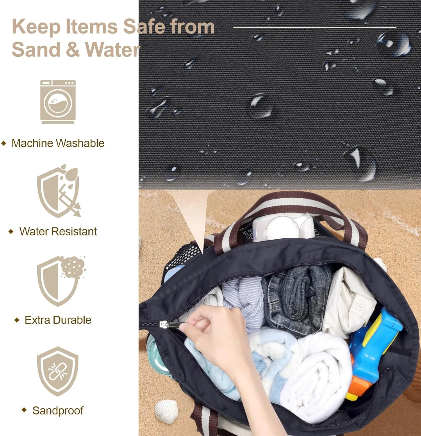 F-color Waterproof Beach Bags for Women - Machine Washable Travel Tote Bag with Zipper Cruise Swim Vacation Essentials