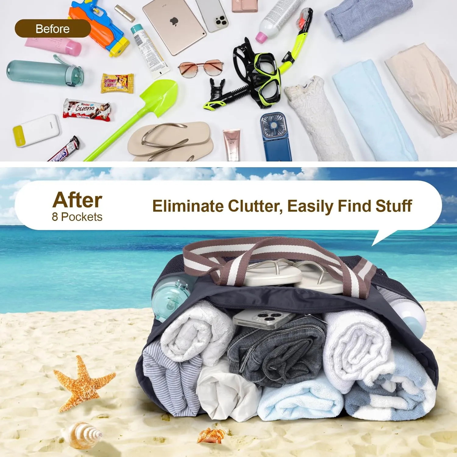 F-color Waterproof Beach Bags for Women - Machine Washable Travel Tote Bag with Zipper Cruise Swim Vacation Essentials