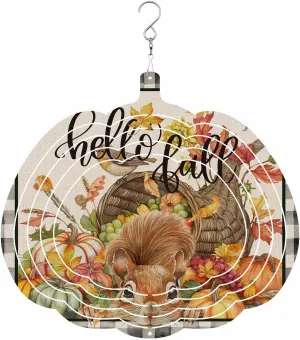 Fall Green Orange Pumpkin Wind Spinner for Yard and Garden,Thanksgiving Bird Leaves Check Hanging Wind Spinner Outdoor 3D Kinetic Wind Sculpture Spinners Indoor Outdoor Décor Ornaments Gift 12 Inch