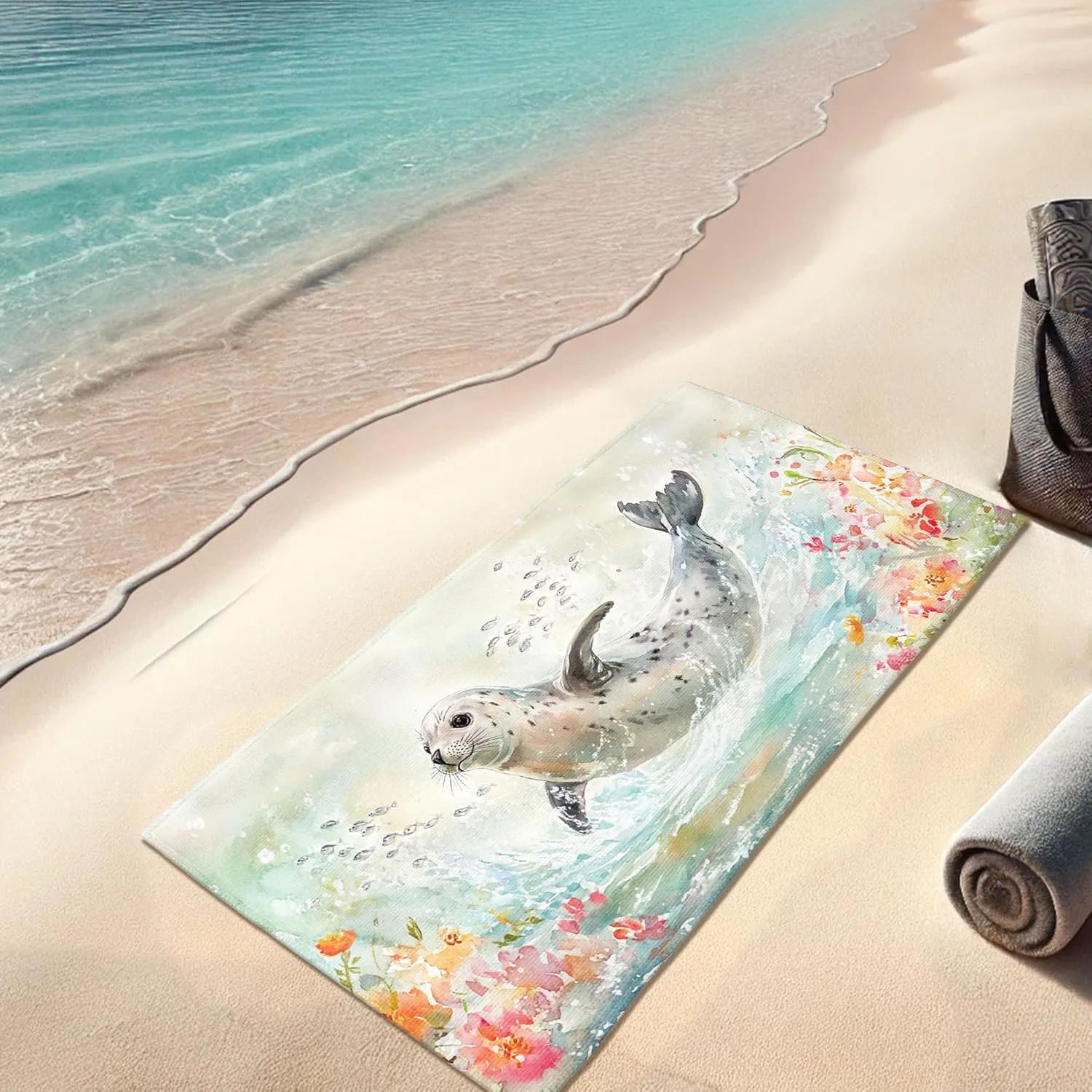 Fanciful Seal Microfiber Beach Towel Vibrant Ocean Print Lightweight Sand Free Quick Dry Absorbent Beach Blanket Travel Picnic Essentials 70x35 Inch