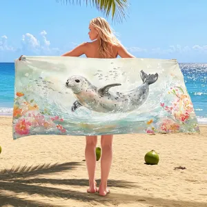 Fanciful Seal Microfiber Beach Towel Vibrant Ocean Print Lightweight Sand Free Quick Dry Absorbent Beach Blanket Travel Picnic Essentials 70x35 Inch