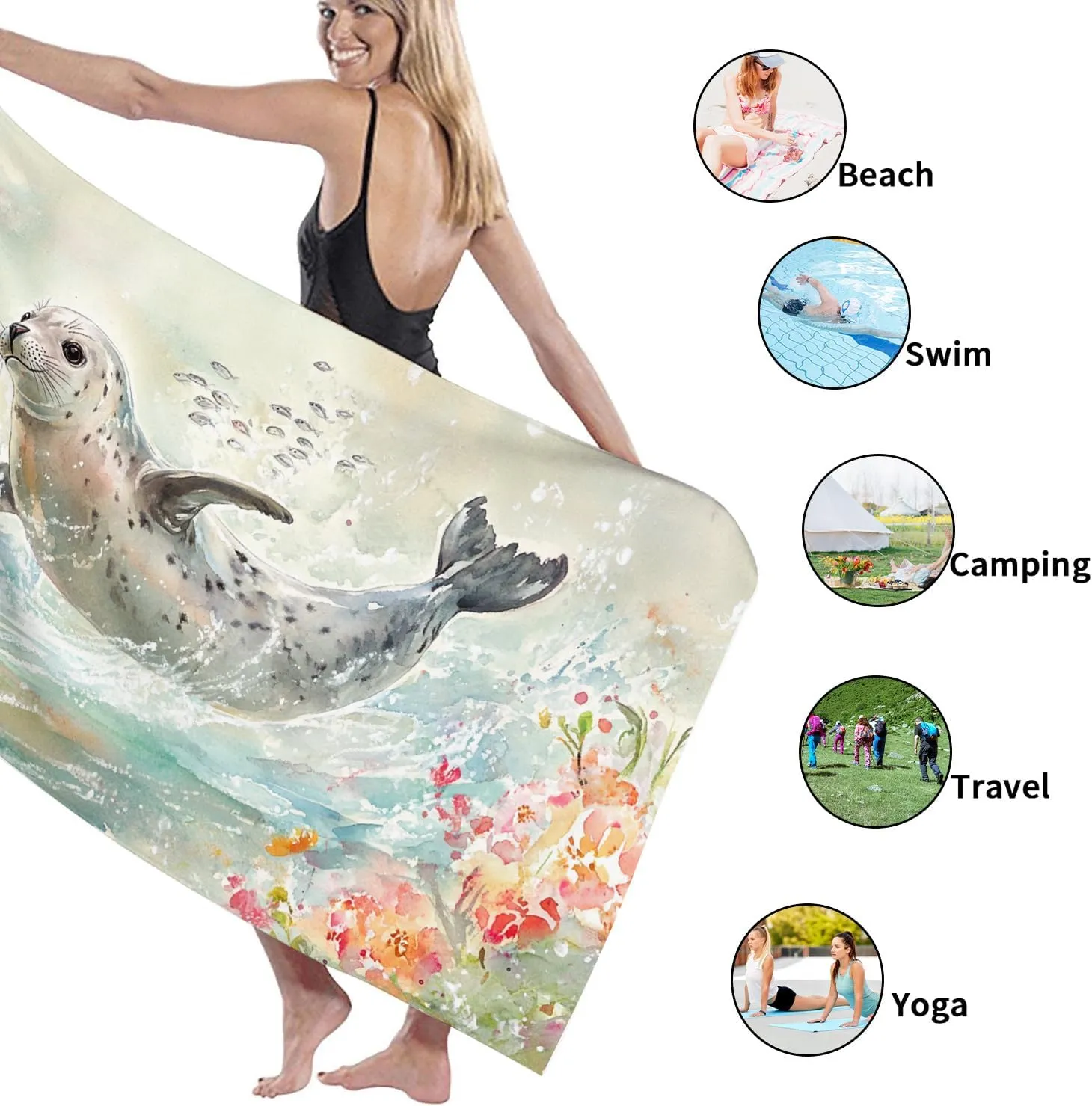 Fanciful Seal Microfiber Beach Towel Vibrant Ocean Print Lightweight Sand Free Quick Dry Absorbent Beach Blanket Travel Picnic Essentials 70x35 Inch