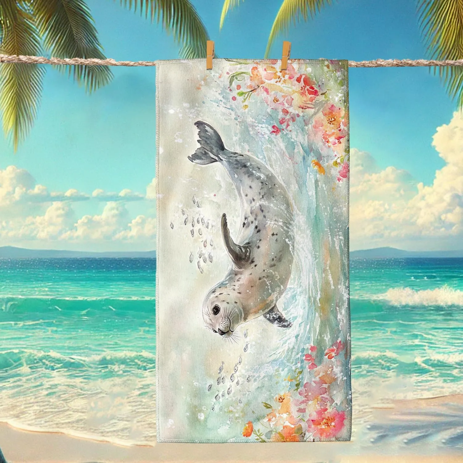 Fanciful Seal Microfiber Beach Towel Vibrant Ocean Print Lightweight Sand Free Quick Dry Absorbent Beach Blanket Travel Picnic Essentials 70x35 Inch