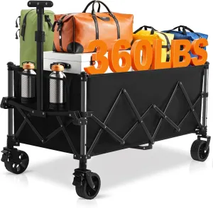 Favoyard Collapsible Wagon Carts Foldable 220L & 360LBS Portable Folding Wagons with All-Terrain Wheels & Brakes Heavy Duty Outdoor Utility Carts for Grocery Camping Shopping Sports Garden, Black