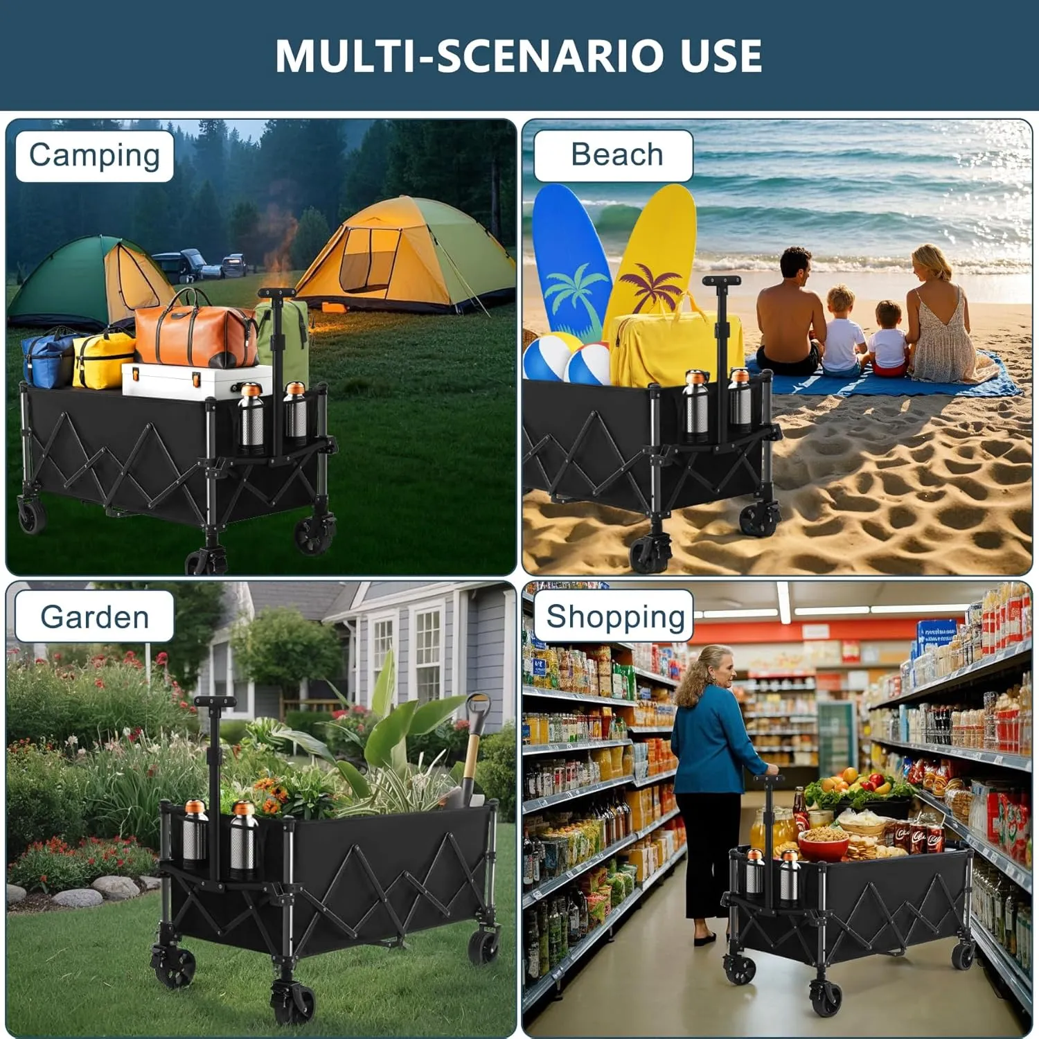 Favoyard Collapsible Wagon Carts Foldable 220L & 360LBS Portable Folding Wagons with All-Terrain Wheels & Brakes Heavy Duty Outdoor Utility Carts for Grocery Camping Shopping Sports Garden, Black