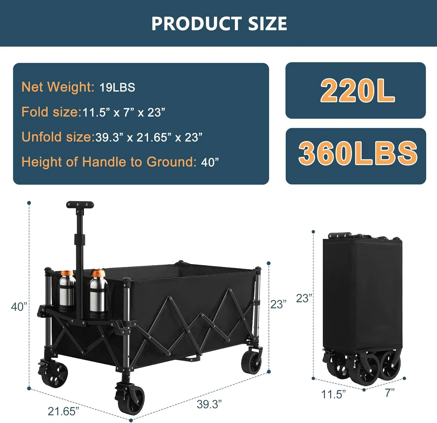 Favoyard Collapsible Wagon Carts Foldable 220L & 360LBS Portable Folding Wagons with All-Terrain Wheels & Brakes Heavy Duty Outdoor Utility Carts for Grocery Camping Shopping Sports Garden, Black