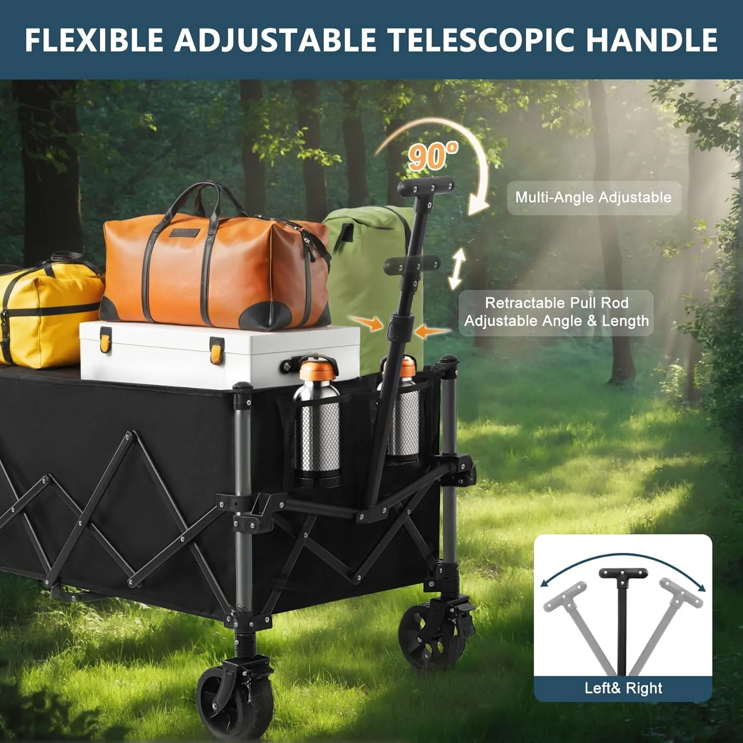 Favoyard Collapsible Wagon Carts Foldable 220L & 360LBS Portable Folding Wagons with All-Terrain Wheels & Brakes Heavy Duty Outdoor Utility Carts for Grocery Camping Shopping Sports Garden, Black