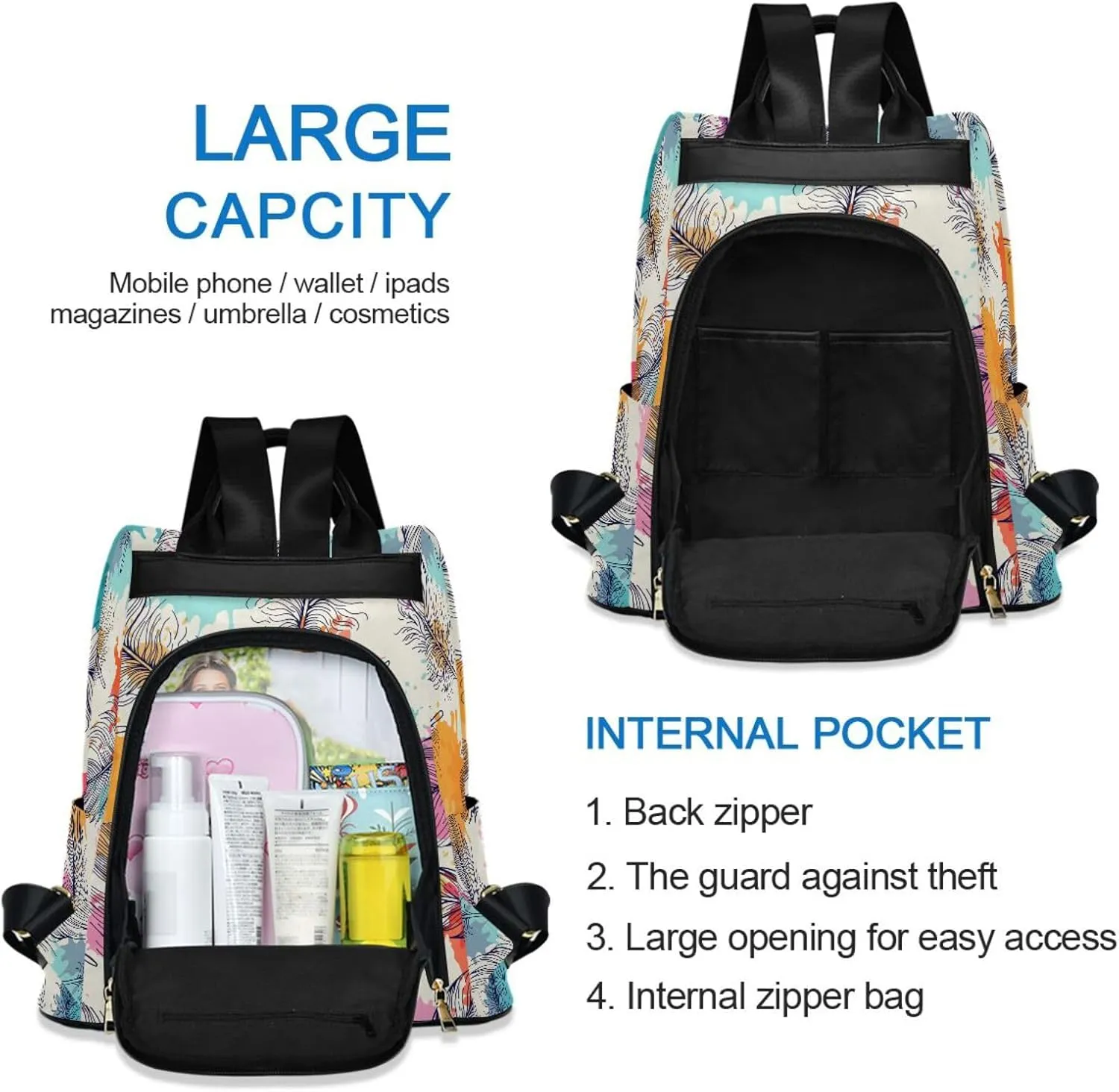 Feather Backpack Purse for Women Anti-Theft Fashion Back Pack Shoulder Bag