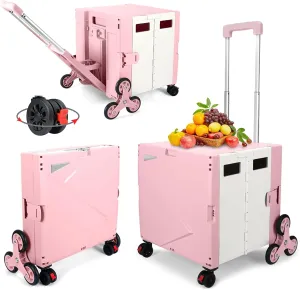 FELICON Folding Climber Utility Cart Rolling Crate Tote on Rotate Wheels with Adjustable Handle Hidden Lid Cup Holder Storage Bin for Teacher Office File Move Shop Travel Laundry Grocery(Pink White)