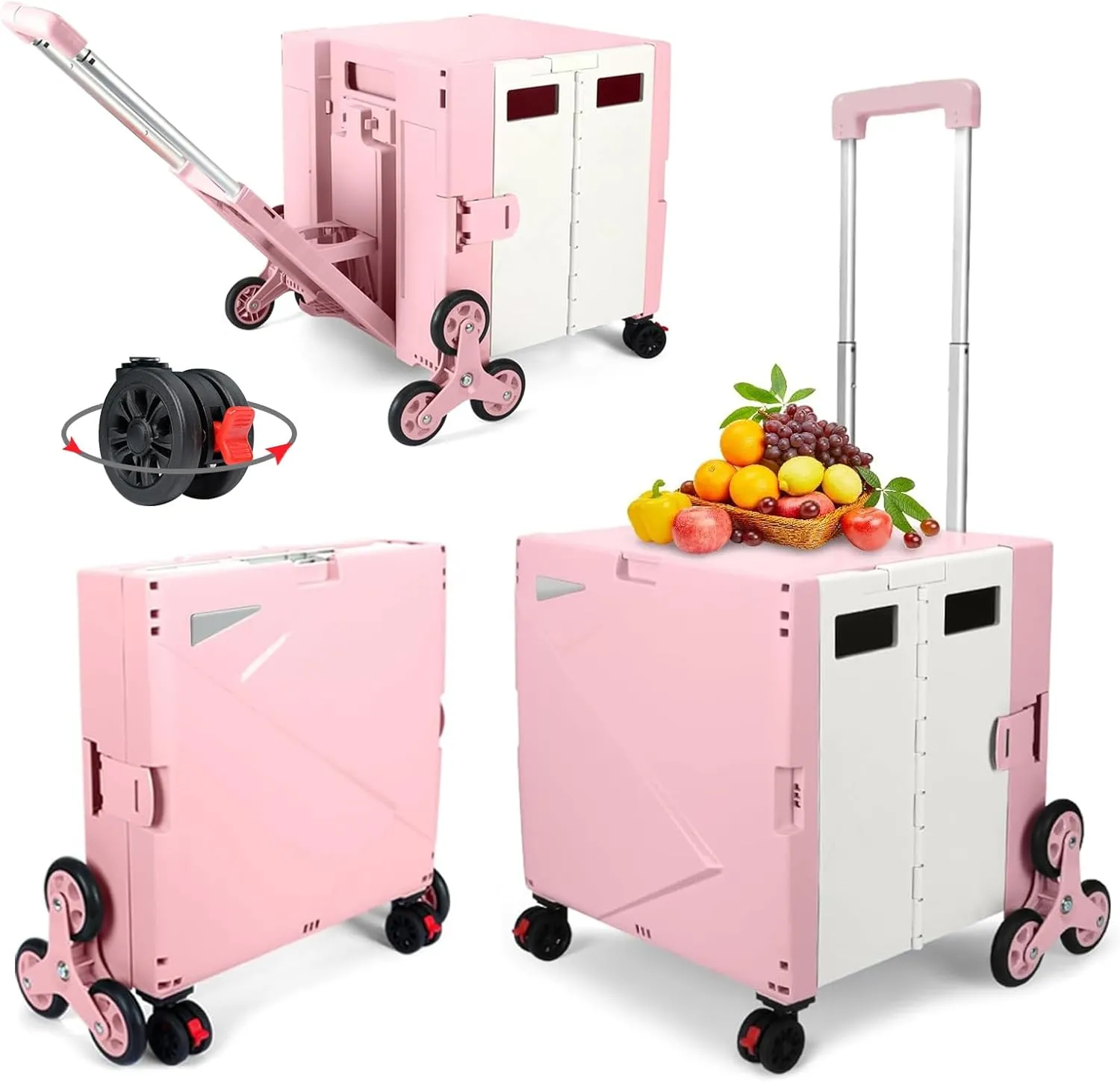 FELICON Folding Climber Utility Cart Rolling Crate Tote on Rotate Wheels with Adjustable Handle Hidden Lid Cup Holder Storage Bin for Teacher Office File Move Shop Travel Laundry Grocery(Pink White)