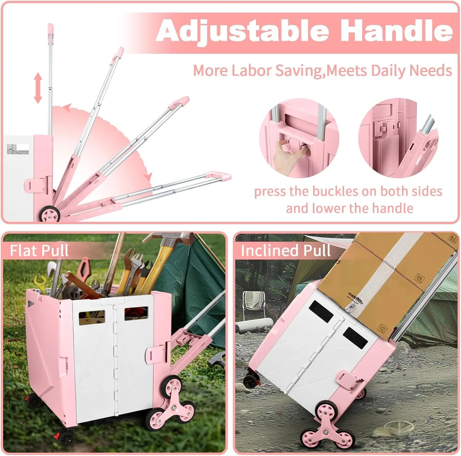FELICON Folding Climber Utility Cart Rolling Crate Tote on Rotate Wheels with Adjustable Handle Hidden Lid Cup Holder Storage Bin for Teacher Office File Move Shop Travel Laundry Grocery(Pink White)