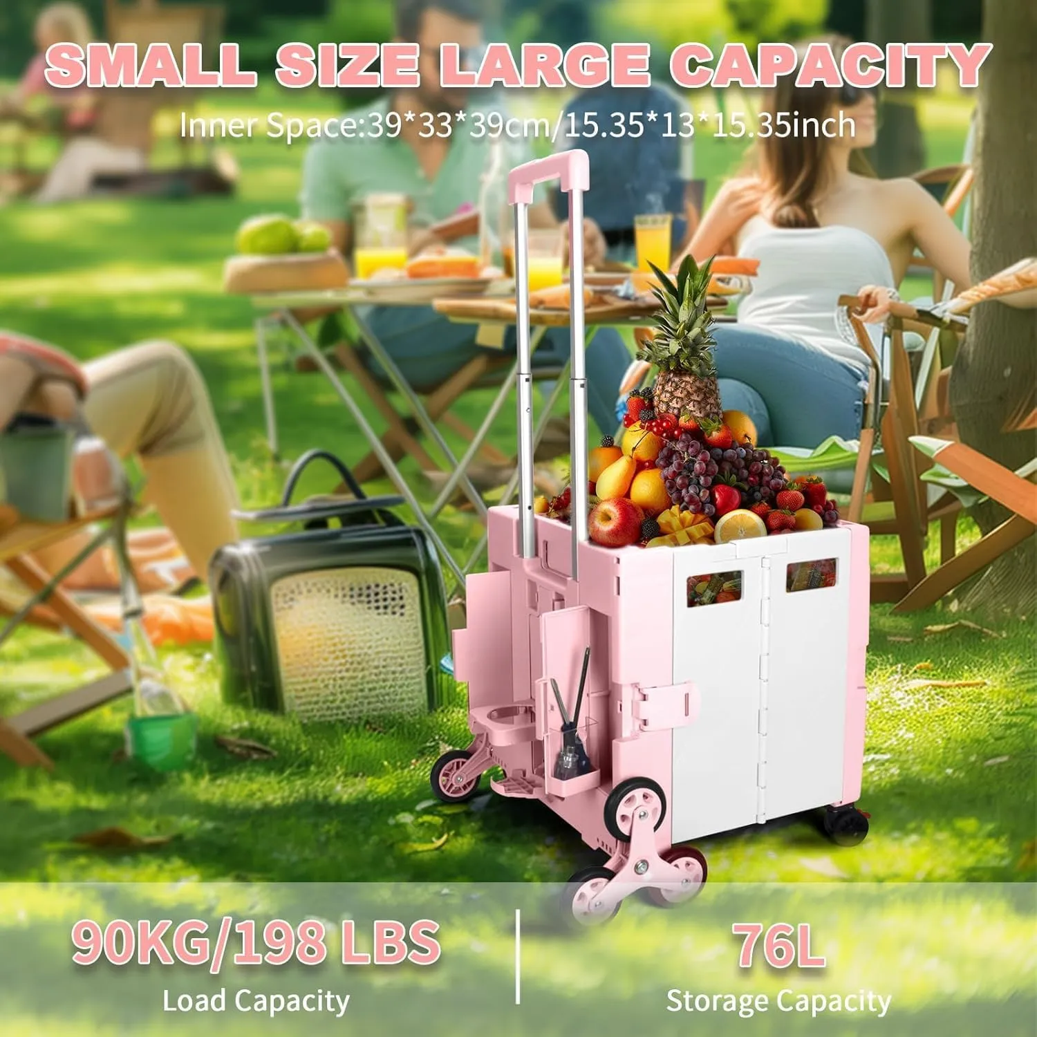 FELICON Folding Climber Utility Cart Rolling Crate Tote on Rotate Wheels with Adjustable Handle Hidden Lid Cup Holder Storage Bin for Teacher Office File Move Shop Travel Laundry Grocery(Pink White)