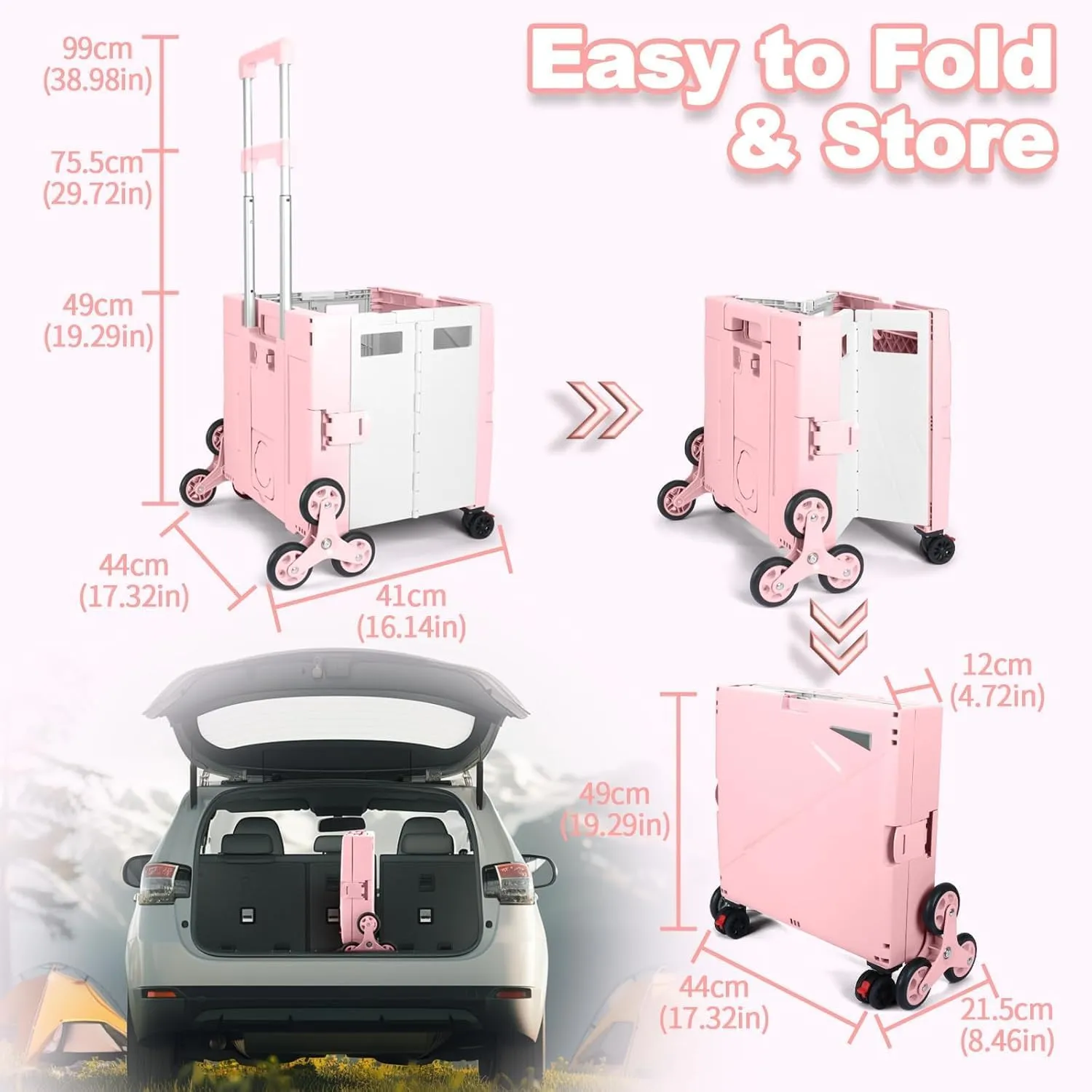 FELICON Folding Climber Utility Cart Rolling Crate Tote on Rotate Wheels with Adjustable Handle Hidden Lid Cup Holder Storage Bin for Teacher Office File Move Shop Travel Laundry Grocery(Pink White)