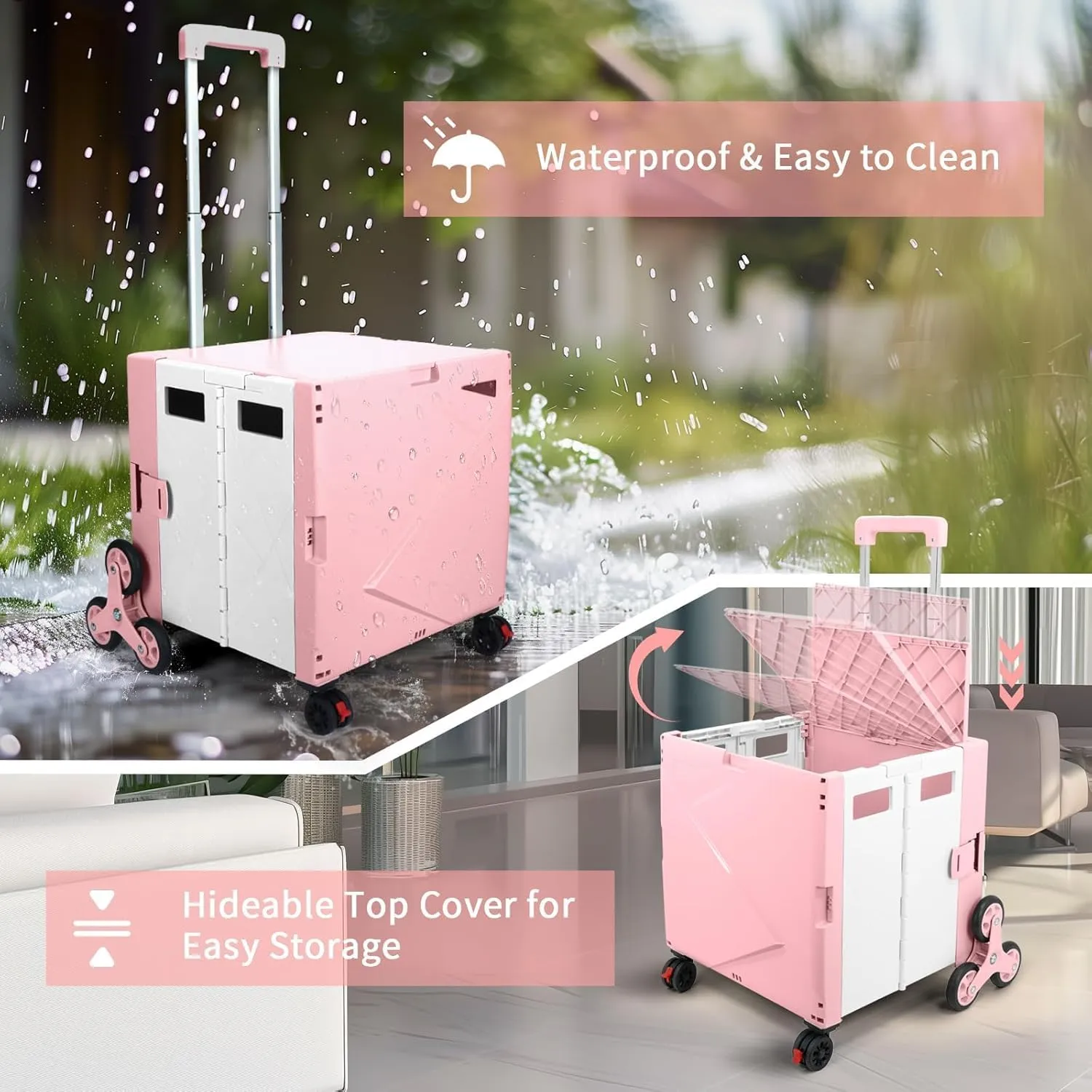 FELICON Folding Climber Utility Cart Rolling Crate Tote on Rotate Wheels with Adjustable Handle Hidden Lid Cup Holder Storage Bin for Teacher Office File Move Shop Travel Laundry Grocery(Pink White)