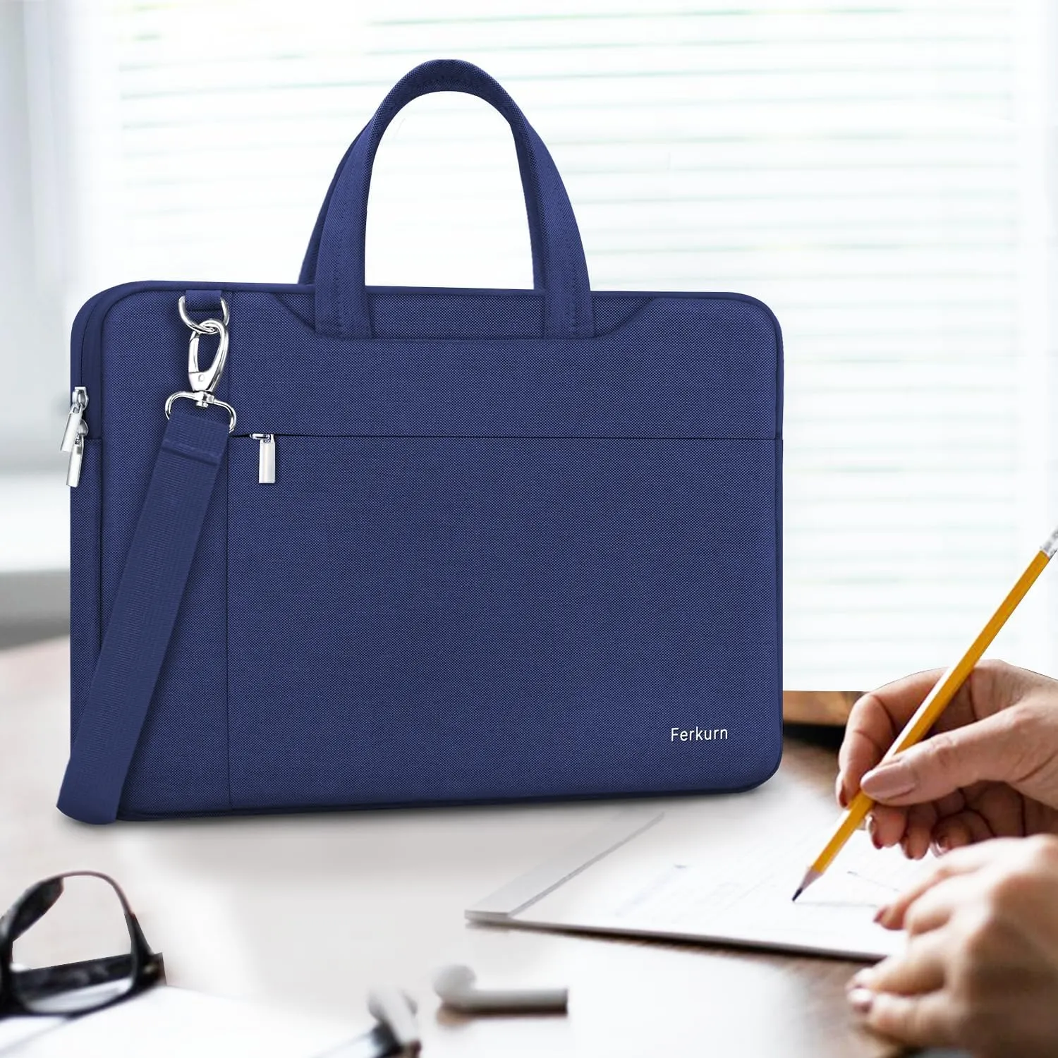 Ferkurn Laptop Bag Case Women Men Computer Sleeve with Shoulder Compatible with HP Envy Pavilion/Inspiron/Thinkpad/Vivobook/MSI/Surface,Waterproof Briefcase with Handle, Blue, 15 15.6 Inch