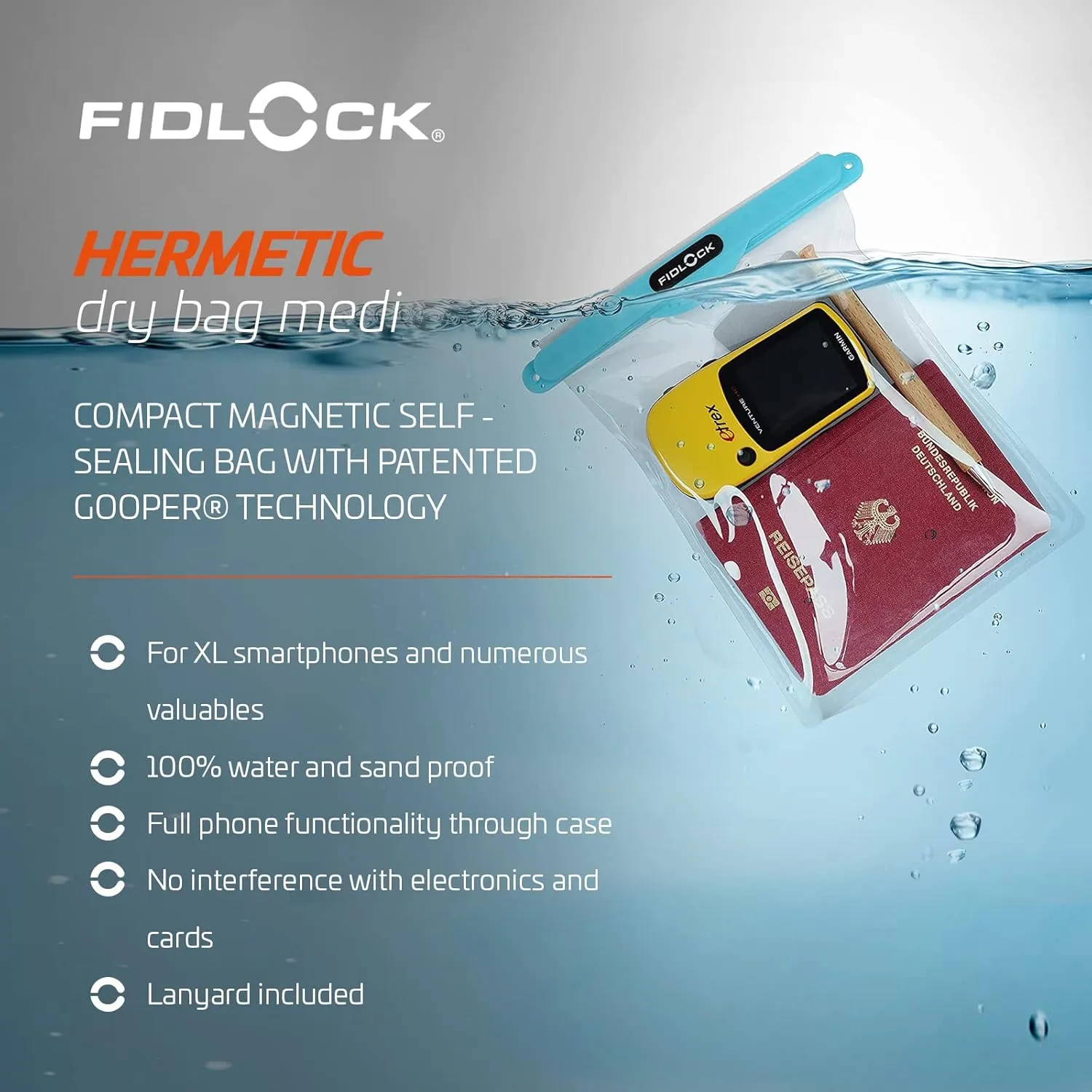 FIDLOCK Hermetic Dry Bag Medi - Flexible Magnetic Self-Sealing Bag for Cellphone | 100% Waterproof and Sand Proof - Practical Size with a Large Opening, with Lanyard Included - Transparent Petrol