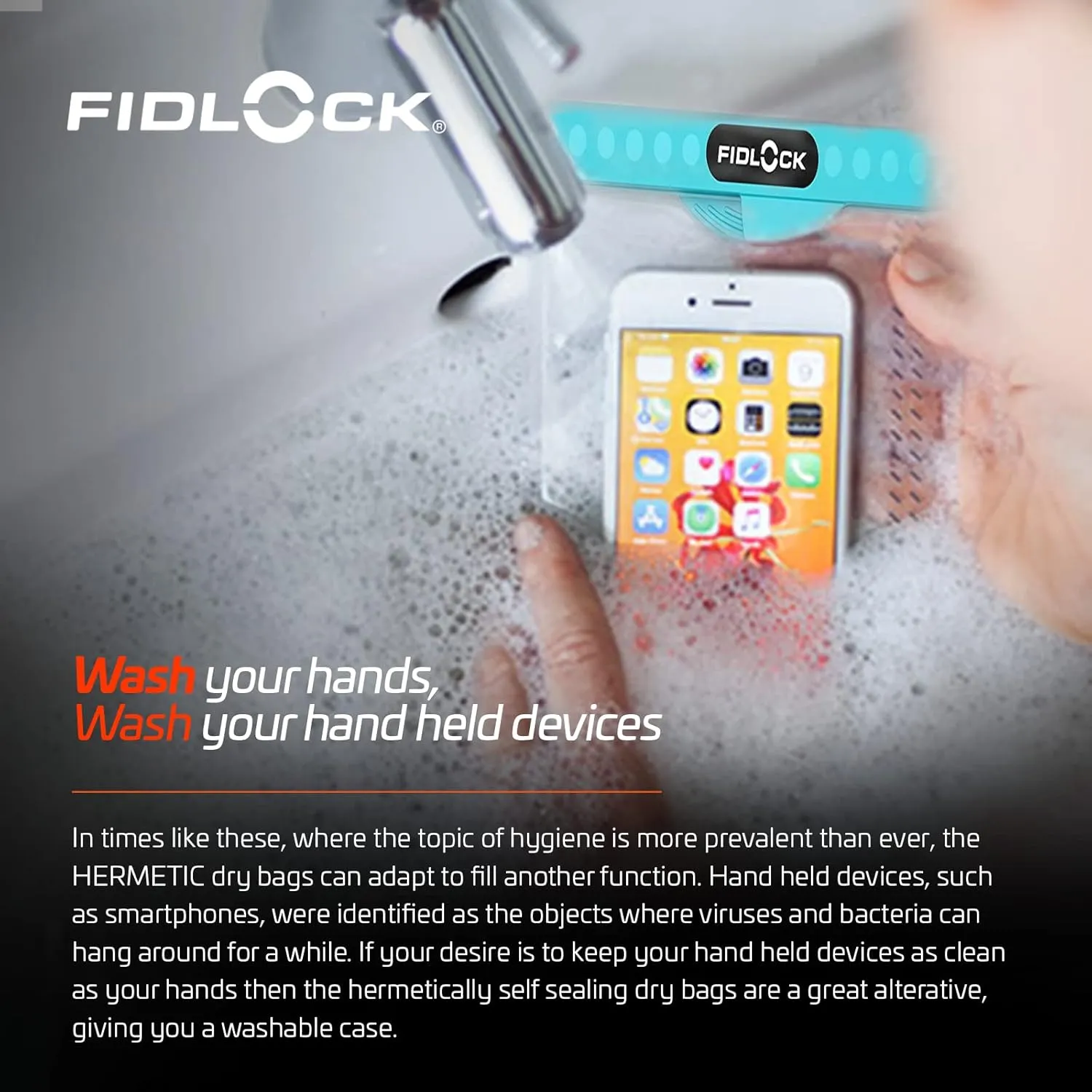 FIDLOCK Hermetic Dry Bag Medi - Flexible Magnetic Self-Sealing Bag for Cellphone | 100% Waterproof and Sand Proof - Practical Size with a Large Opening, with Lanyard Included - Transparent Petrol