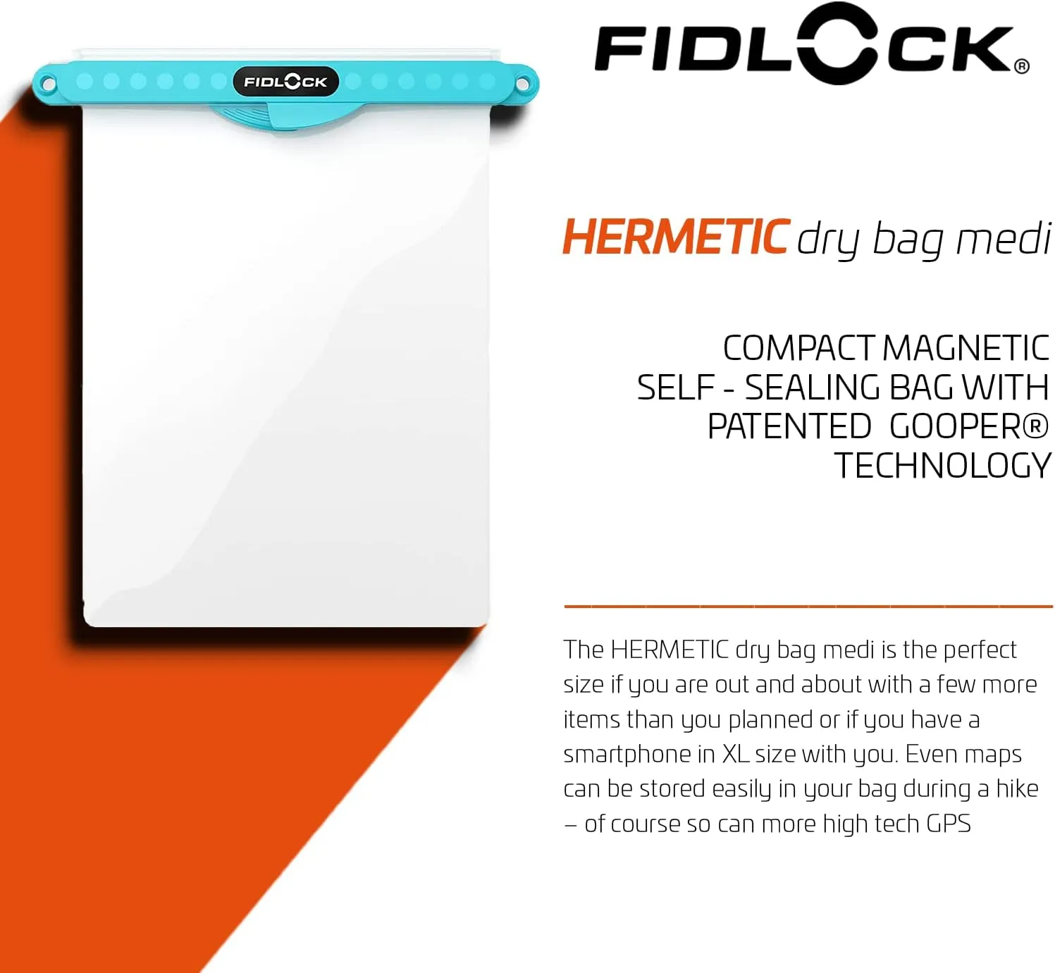 FIDLOCK Hermetic Dry Bag Medi - Flexible Magnetic Self-Sealing Bag for Cellphone | 100% Waterproof and Sand Proof - Practical Size with a Large Opening, with Lanyard Included - Transparent Petrol