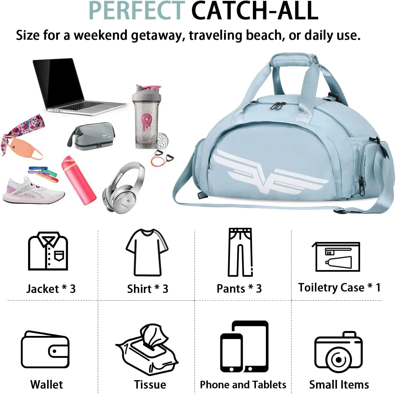 FIORETTO 30L Sports Gym Duffle Bag with Wet Pocket & Shoe Compartment, Weekender Hospital Overnight Bag for Women, Sports Holdall Backpack