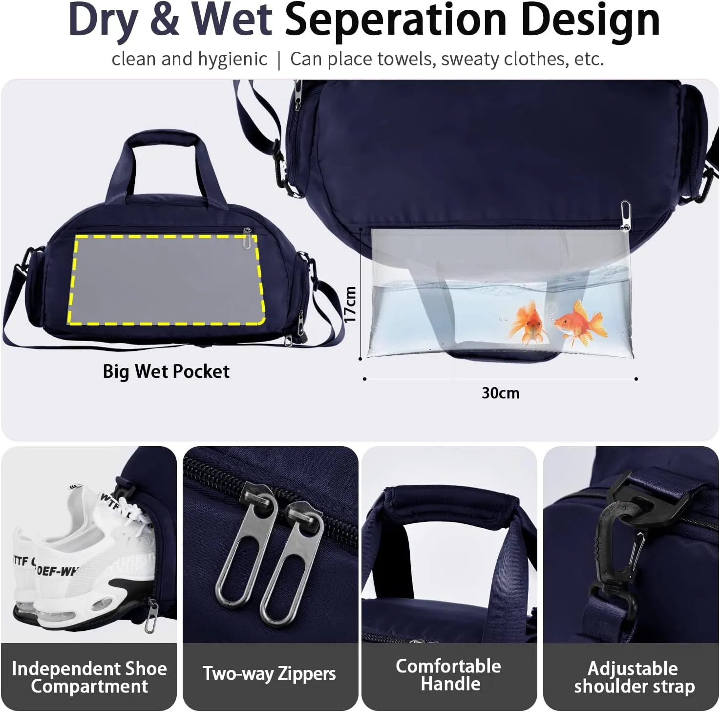 FIORETTO 30L Sports Gym Duffle Bag with Wet Pocket & Shoe Compartment, Weekender Hospital Overnight Bag for Women, Sports Holdall Backpack