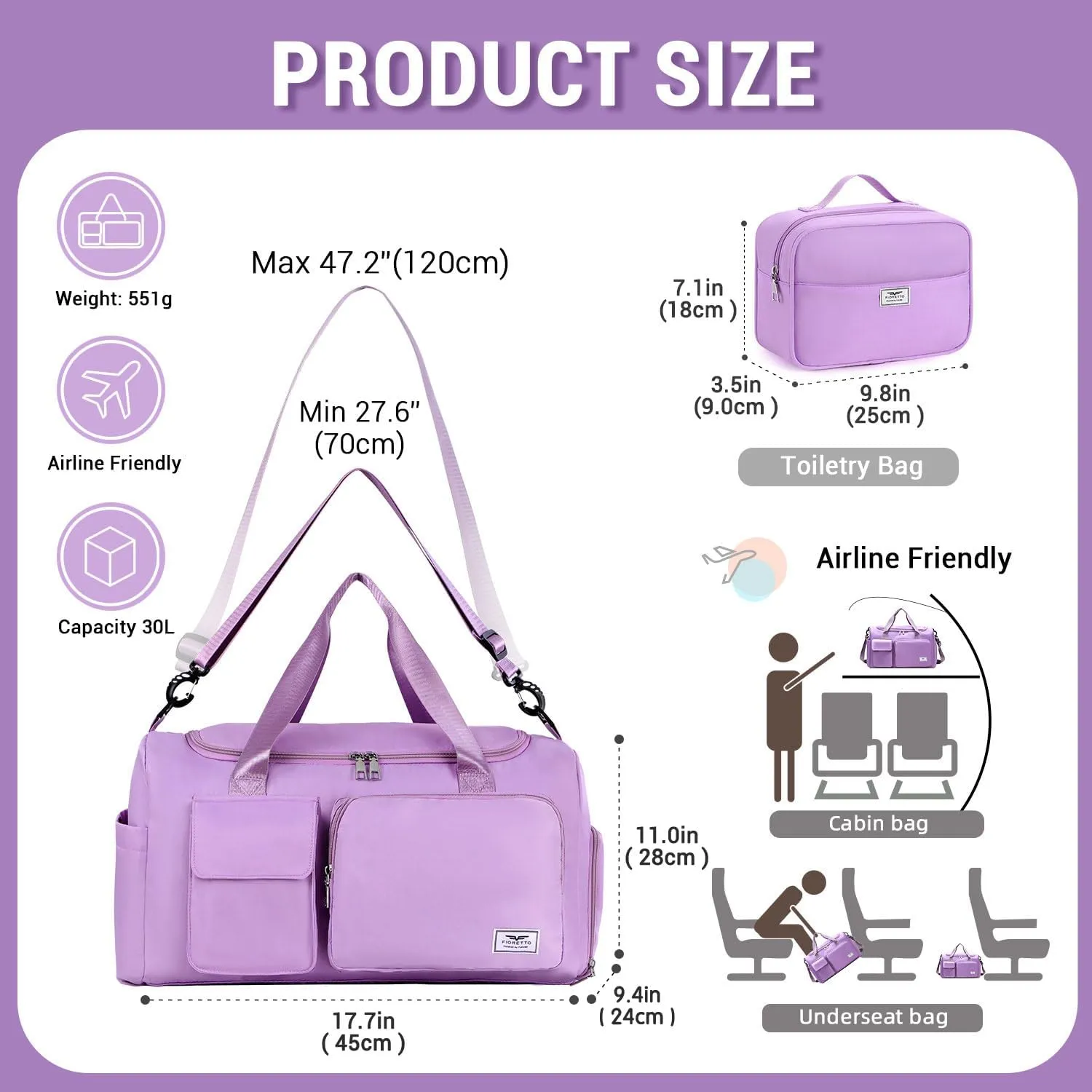 FIORETTO Women's Gym Duffle Bag with Shoes Compartment, 37L Capacity, Ideal for Travel, Gym, Sports, Duffel, Weekender
