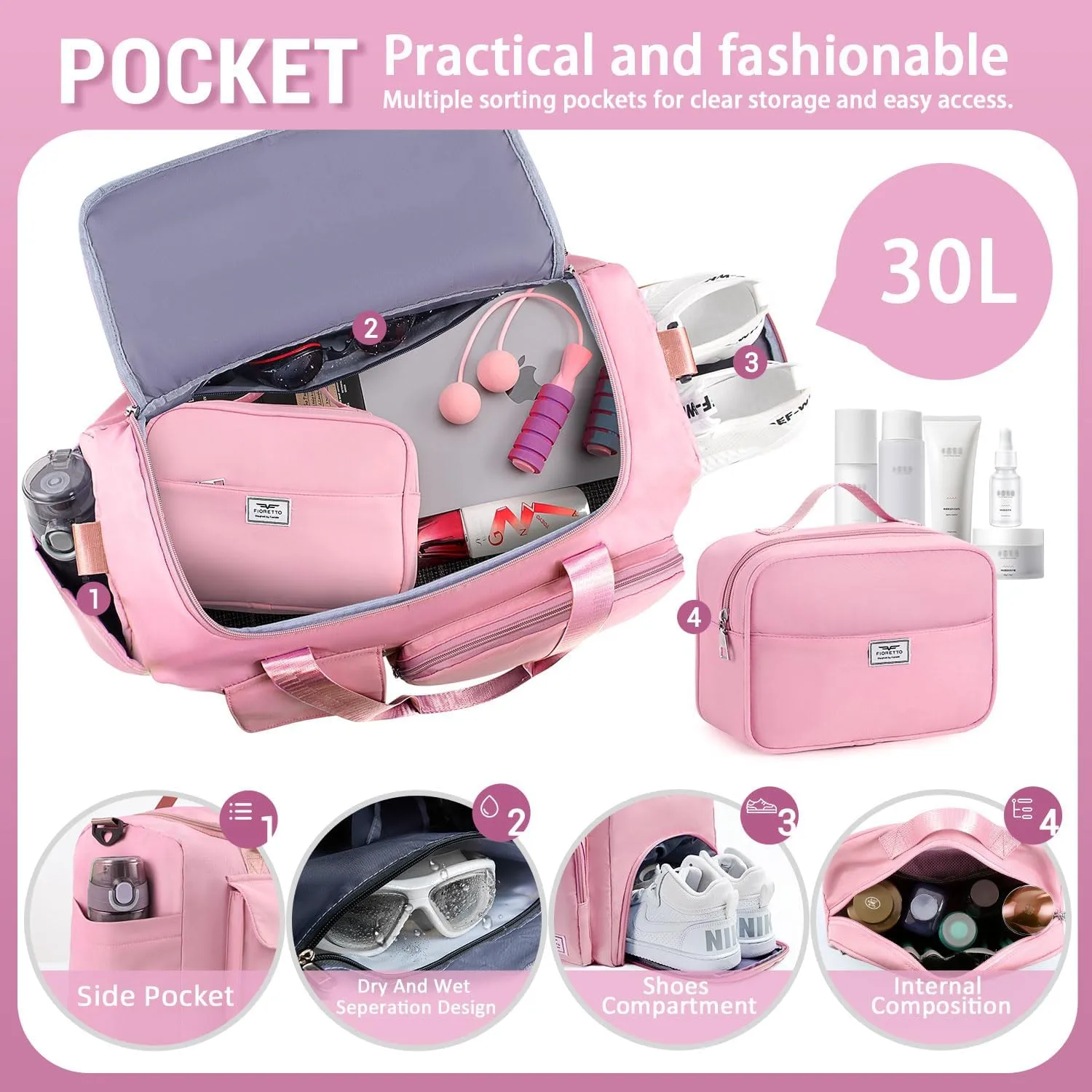 FIORETTO Women's Gym Duffle Bag with Shoes Compartment, 37L Capacity, Ideal for Travel, Gym, Sports, Duffel, Weekender