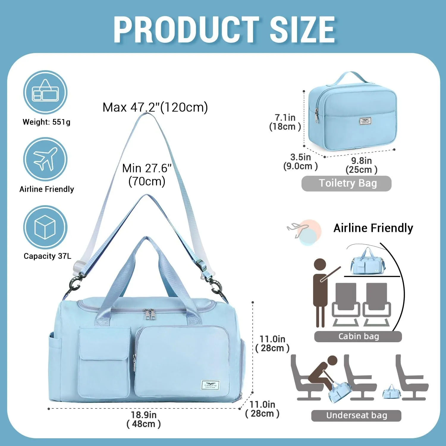 FIORETTO Women's Gym Duffle Bag with Shoes Compartment, 37L Capacity, Ideal for Travel, Gym, Sports, Duffel, Weekender