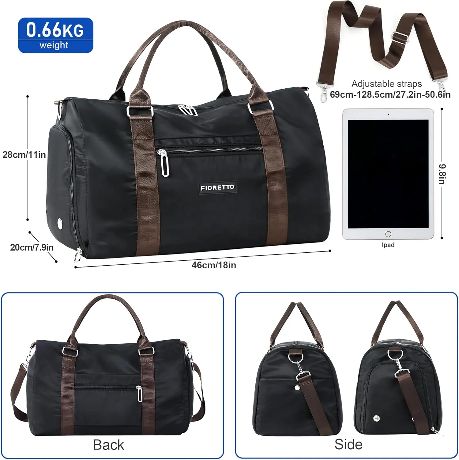 FIORETTO Womens Gym Tote Duffle Bag with Wet Pocket & Shoe Compartment, Sports Duffel Overnight Weekender Hospital Workout Carry on Bag for Girls, Ideal for Travel, Swimming, Dance, Ballet Black