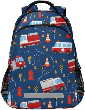 Fire Engines Vehicles Cute Blue Backpack for Girls Boys School Bookbag Kids Daypack Lightweight Laptop Backpack Back to School Supplies