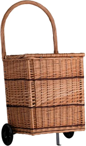 Fireplace Log Basket on Wheels - Wicker Trolley - Storage Cart - Shopping Basket - Trolley on Wheels - Carry Stroller (with Lid)
